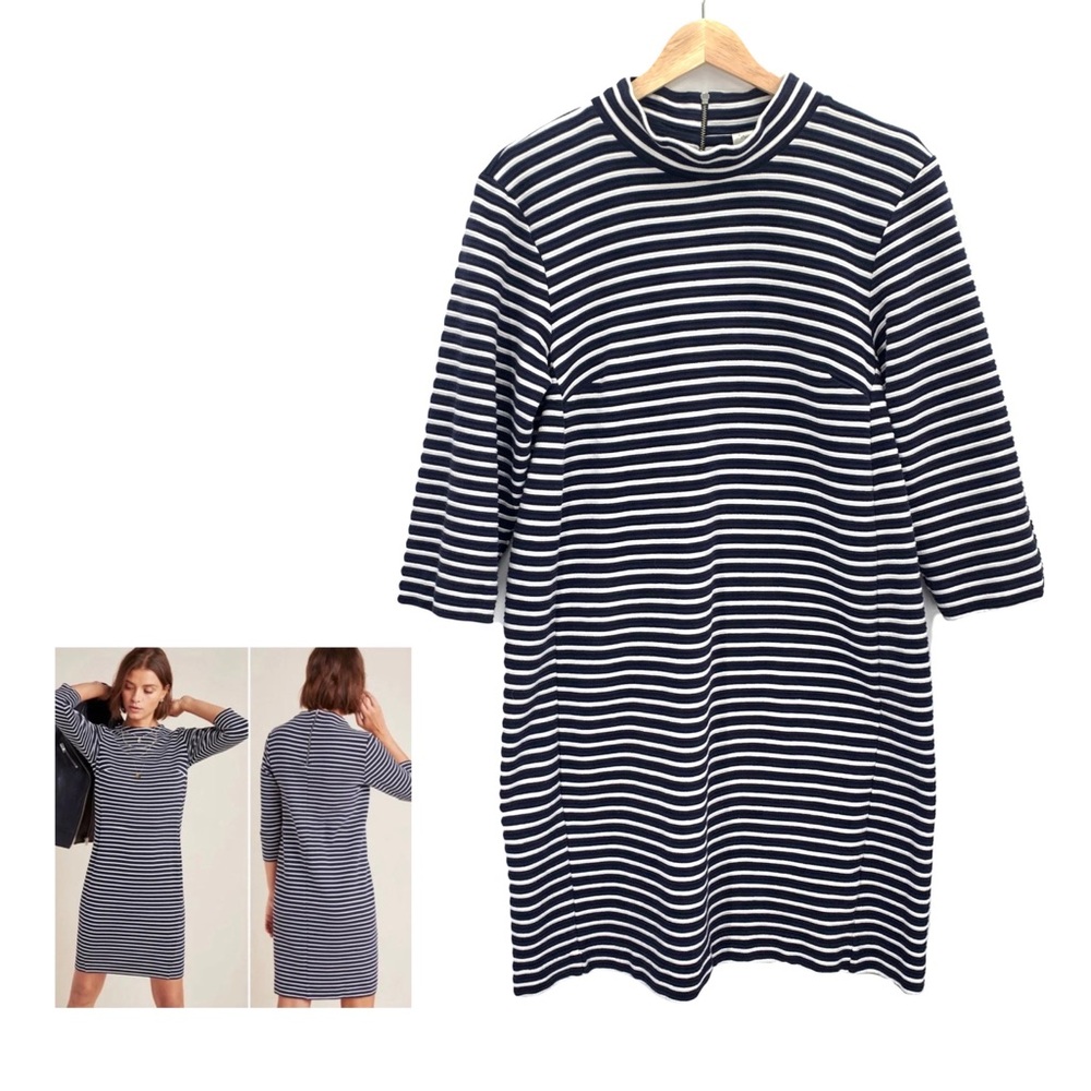 Anthropologie Navy Blue Striped Mock Neck Midi Dress Small Nautical Preppy Modes